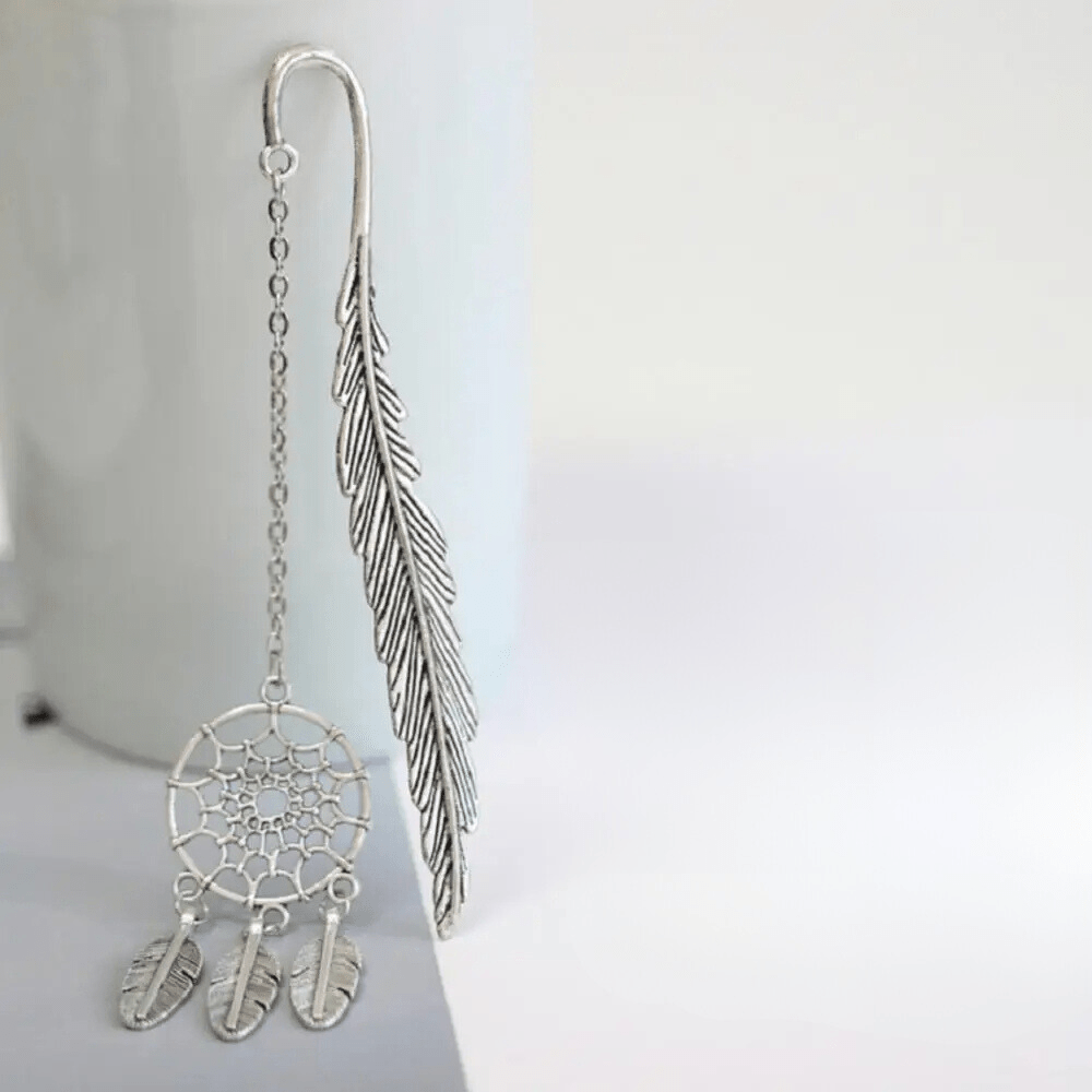 Marque-page en métal pendentif | Plume-Attrape rêves | Paradis du lecteur Argent