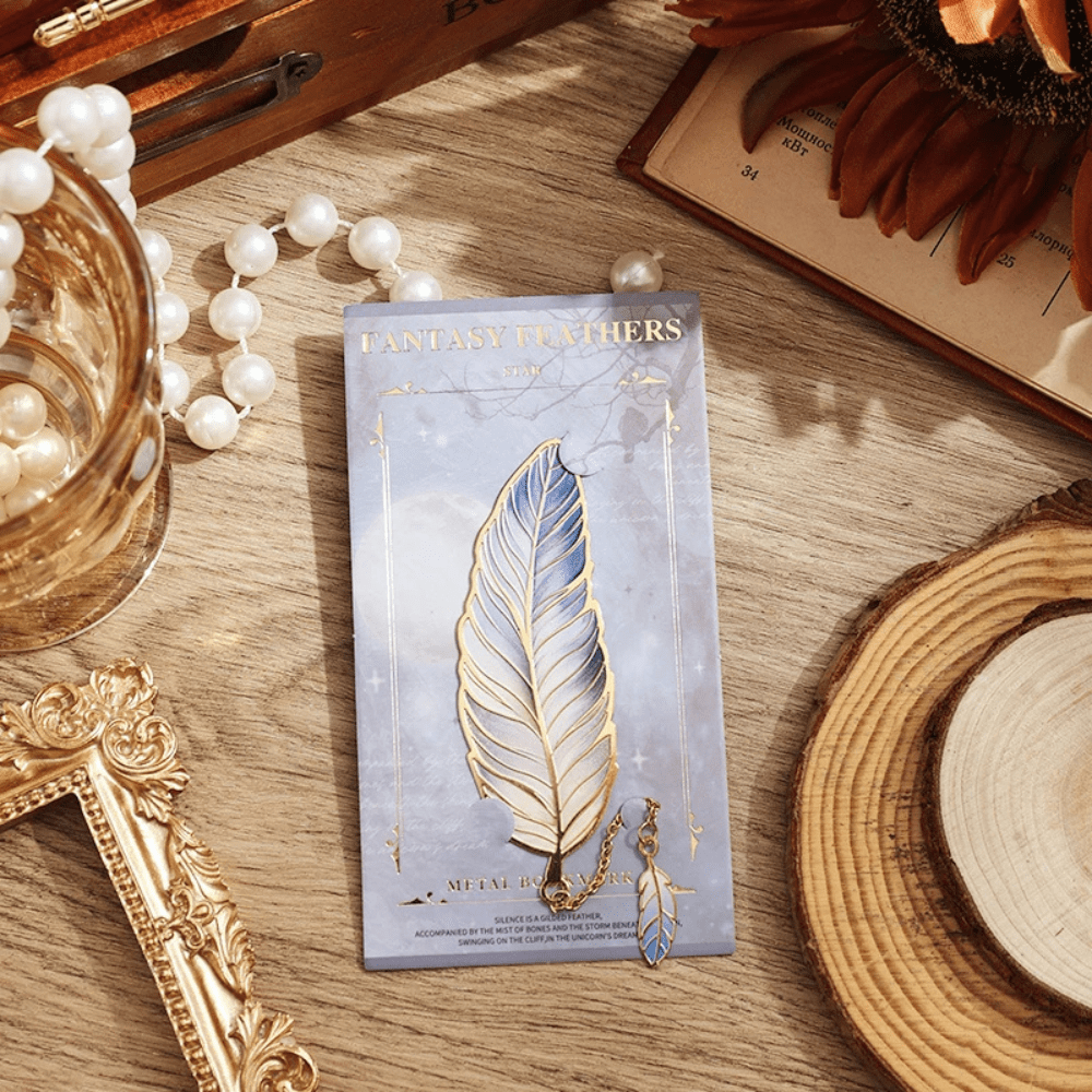 PDL ® - Marque-page en métal | Plume avec pendentif Bleu